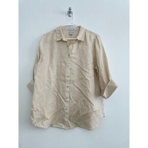 Chico's Button Down Shirt Women US 12 Beige No Iron 3/4 Sleeve Minimalist Office